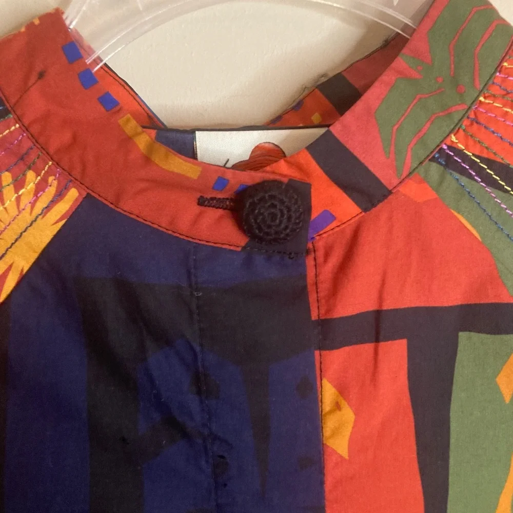 NEW FARM Rio Colorful Tropical Icons Blouse Puff Sleeves Cotton Bird Size S or M